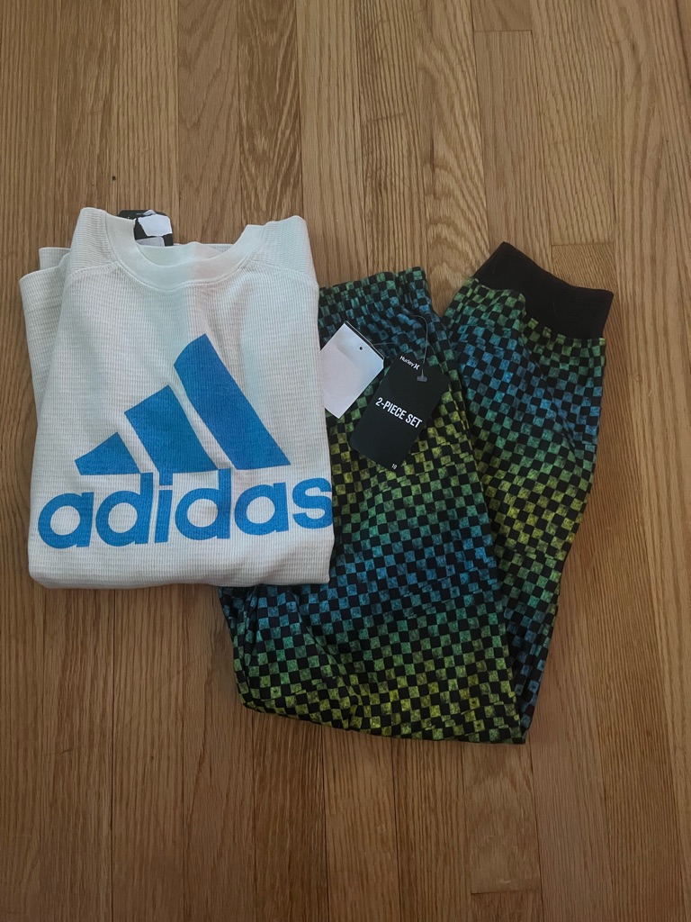 Boys 2-Piece Pajama Set - Adidas Waffle Knit Shirt & Hurley Check Joggers